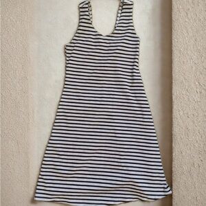 Vintage 90s Navy & White Ribbed Skater Mini Dress | Minimalist Stripe A-Line